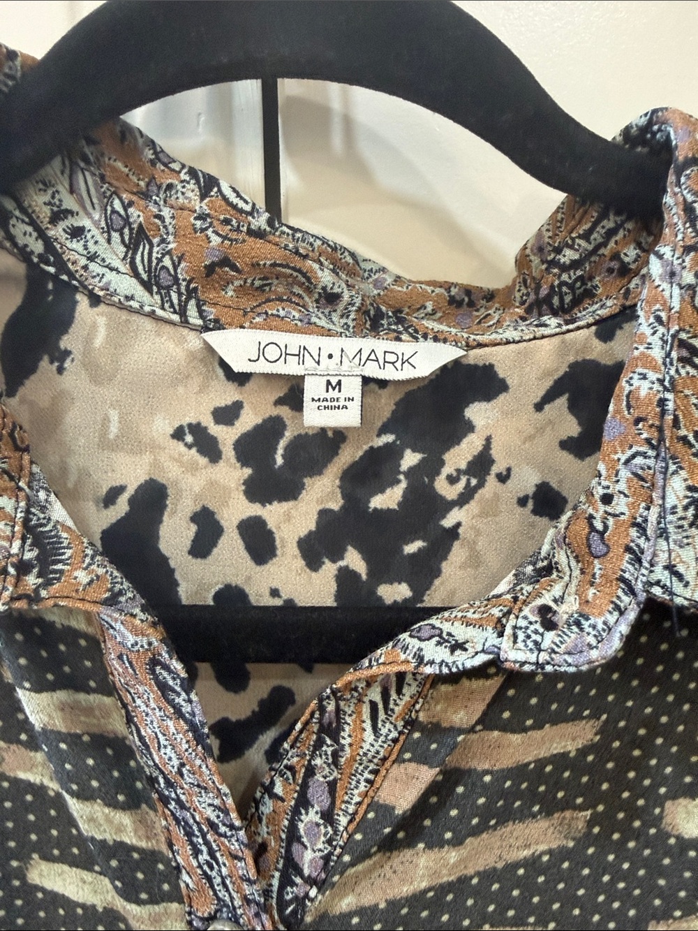 John Mark Black & Cream Mixed-Print Button Front Blouse with Brown Accents - Picture 2 of 6